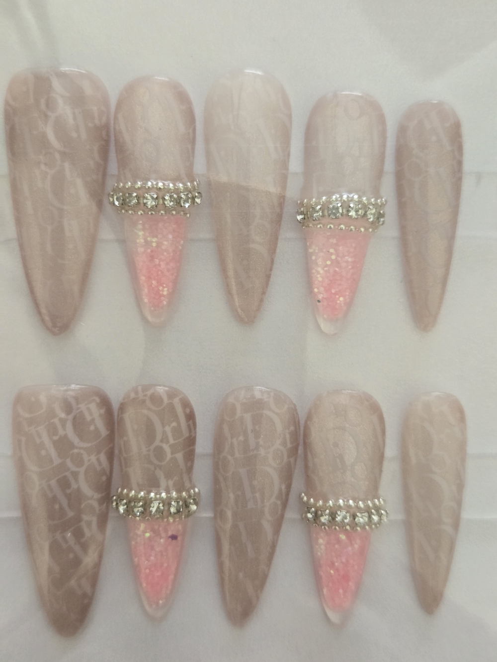 Hand Crafted Beige Pink Rhinestone Stiletto Water Press-On Nails